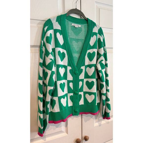 99 Jane Street Green Heart Checkered Sweater Cardigan - Large - Picture 6 of 8